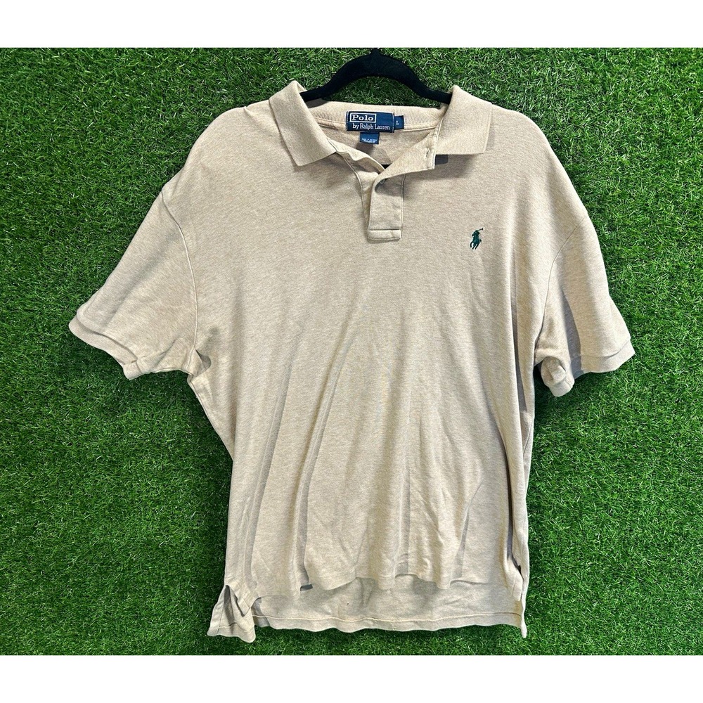 Polo Ralph Lauren Beige Cotton Knit Polo Shirt Solid Logo Short Sleeve Men's L